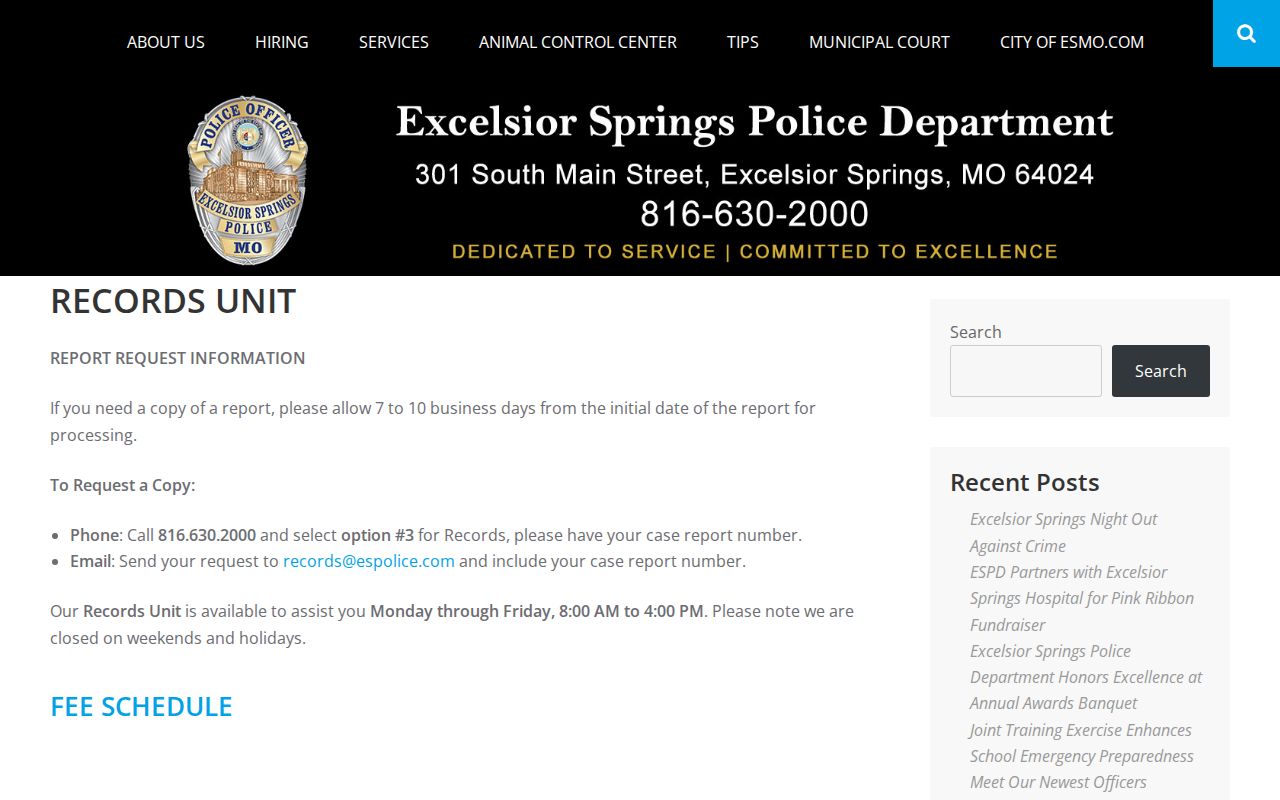 Excelsior Springs Police Records Unit request page