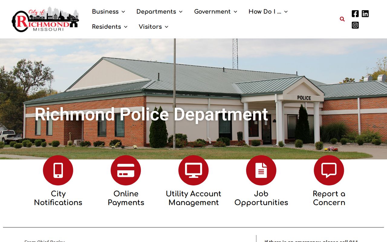 Richmond Missouri Police Department official webpage with contact and records information